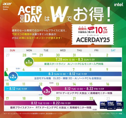 画像ギャラリー No.002のサムネイル画像 / Acerのゲーマー向けノートPCやディスプレイが安くなるセール「Acer Day 2025」が始まる。8月22日まで